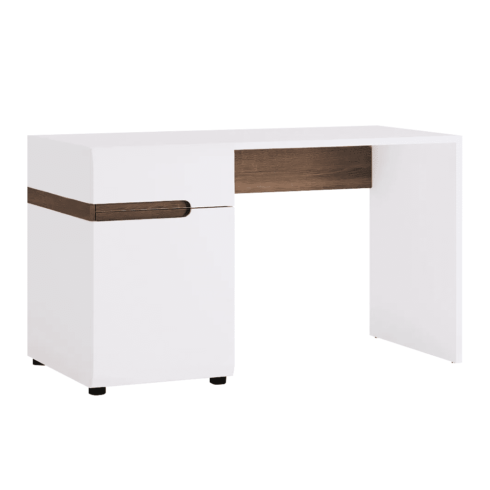 KONDELA PC stôl, biela extra vysoký lesk HG / dub sonoma tmavý truflový, LYNATET TYP 80